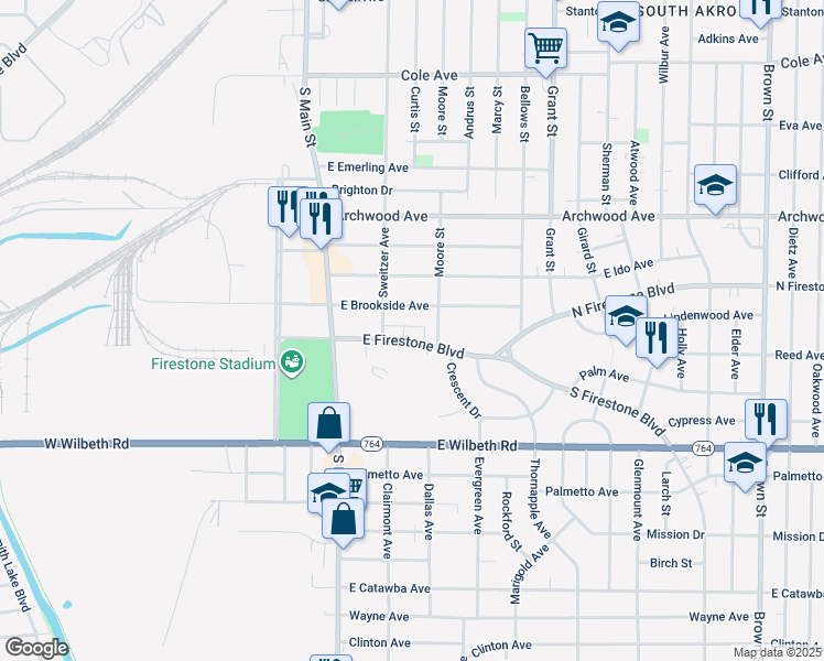 map of restaurants, bars, coffee shops, grocery stores, and more near 101 East Firestone Boulevard in Akron