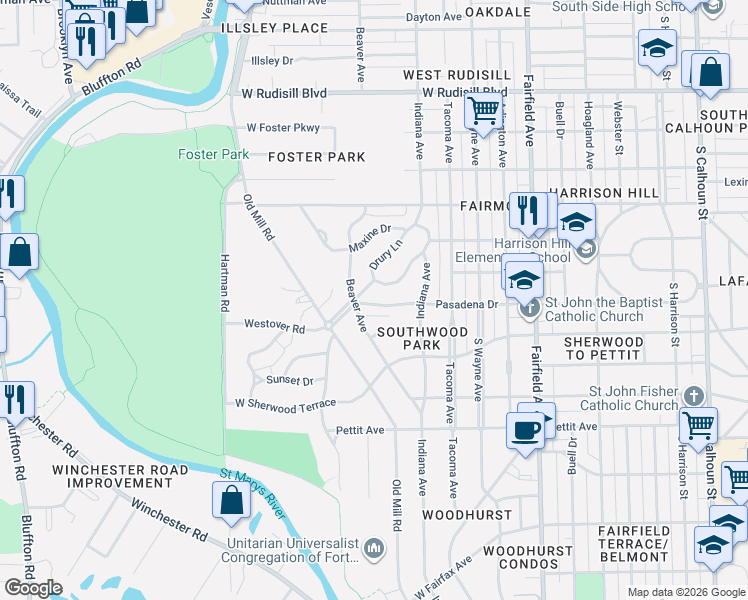 map of restaurants, bars, coffee shops, grocery stores, and more near 4505 Beaver Avenue in Fort Wayne
