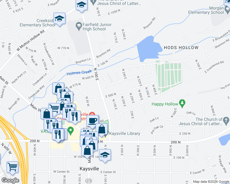 map of restaurants, bars, coffee shops, grocery stores, and more near 171 East 500 North in Kaysville