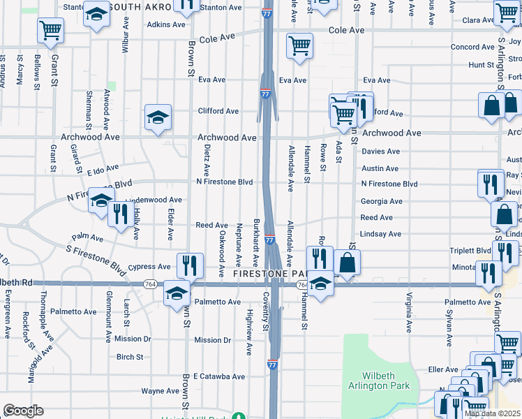 map of restaurants, bars, coffee shops, grocery stores, and more near 1395 Burkhardt Avenue in Akron