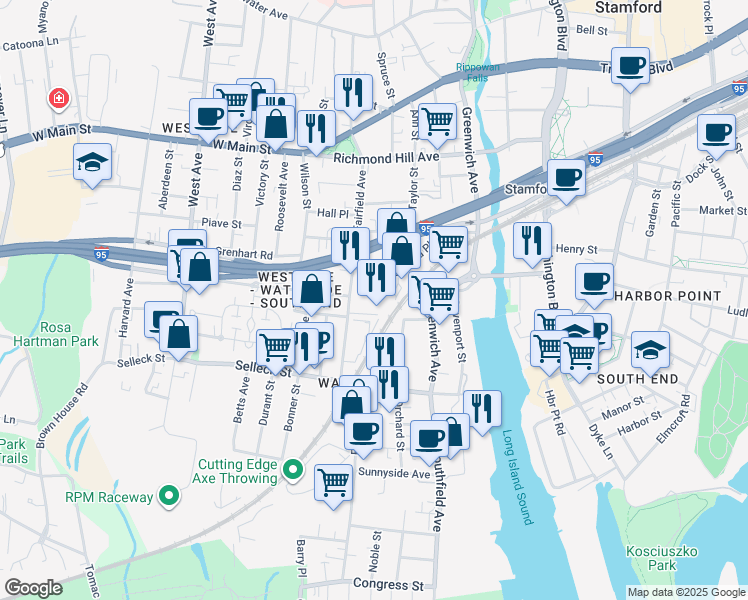 map of restaurants, bars, coffee shops, grocery stores, and more near 1 First Stamford Place in Stamford