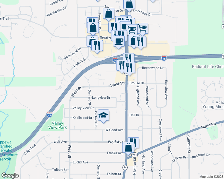 map of restaurants, bars, coffee shops, grocery stores, and more near 144 Longview Drive in Wadsworth