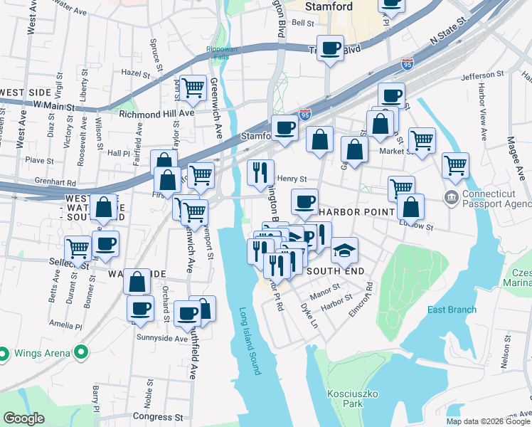 map of restaurants, bars, coffee shops, grocery stores, and more near 26 Berkeley Street in Stamford