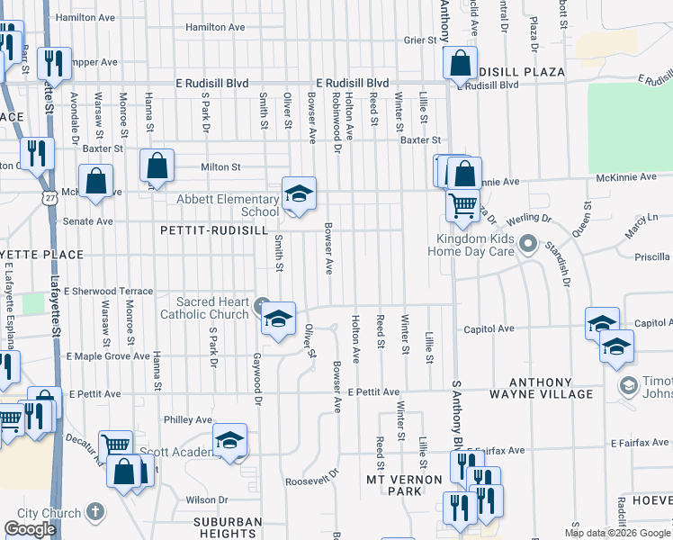map of restaurants, bars, coffee shops, grocery stores, and more near 4501 Bowser Avenue in Fort Wayne