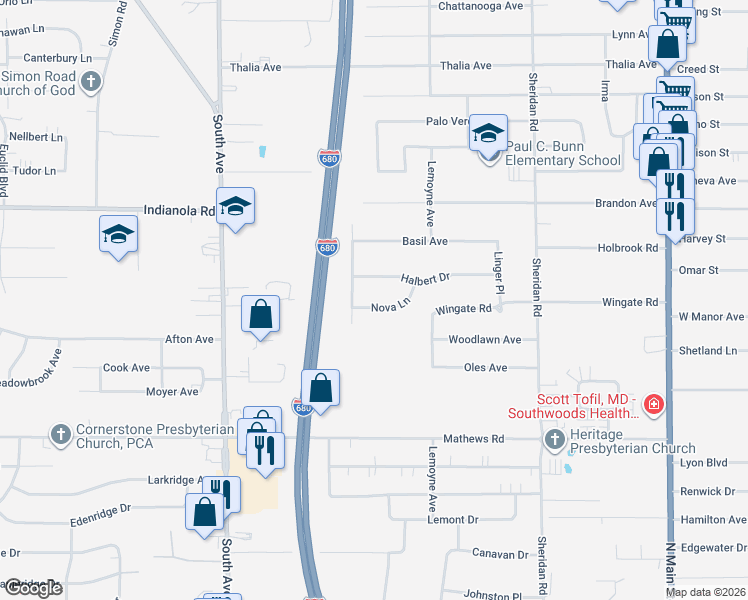 map of restaurants, bars, coffee shops, grocery stores, and more near 1753 Nova Lane in Youngstown