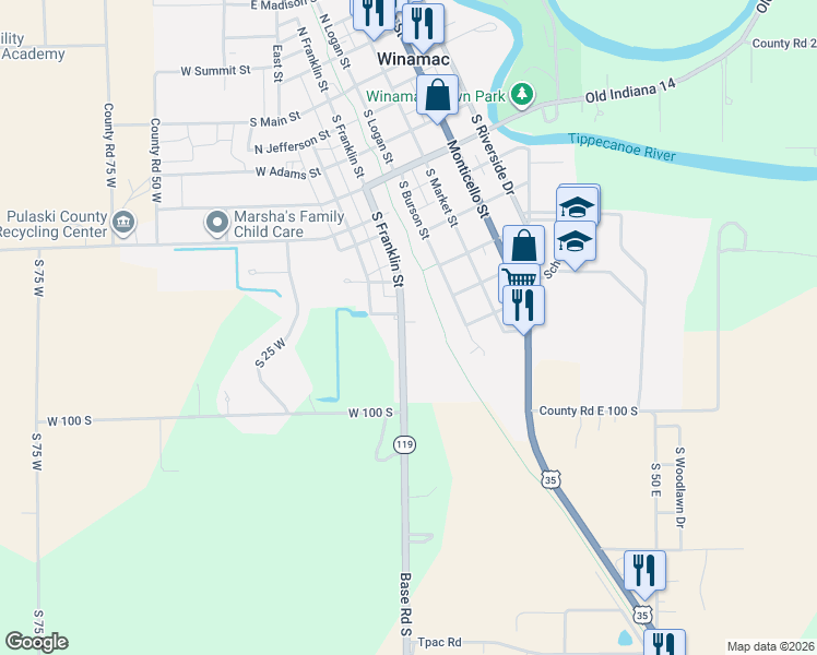 map of restaurants, bars, coffee shops, grocery stores, and more near 813 South Franklin Street in Winamac
