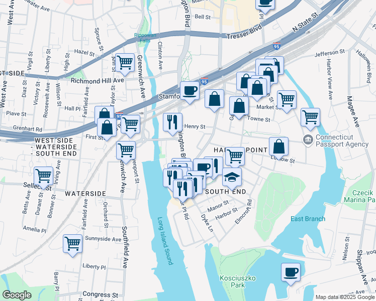map of restaurants, bars, coffee shops, grocery stores, and more near 811 Atlantic Street in Stamford