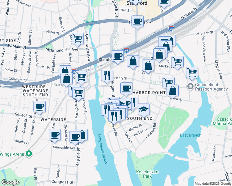 map of restaurants, bars, coffee shops, grocery stores, and more near 811 Atlantic Street in Stamford