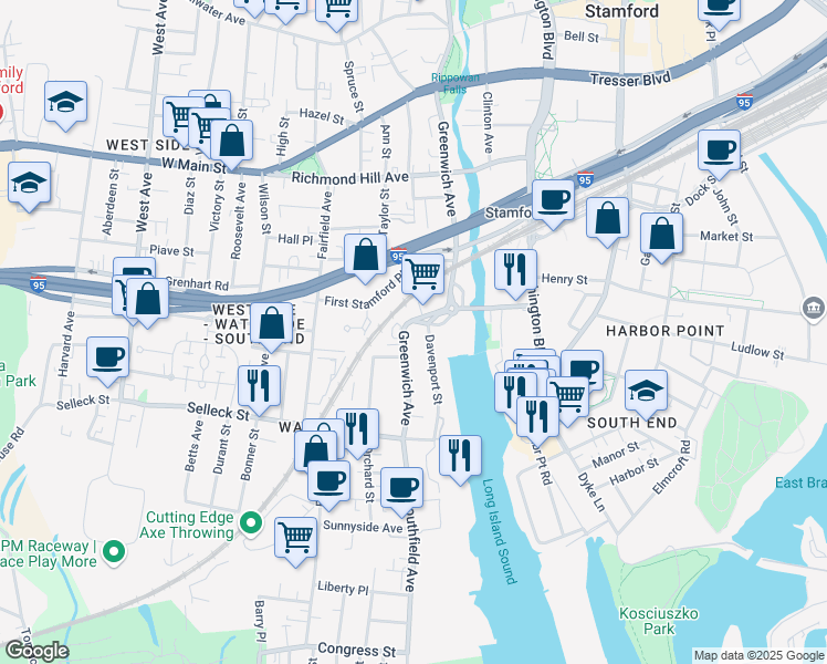 map of restaurants, bars, coffee shops, grocery stores, and more near 248 Greenwich Avenue in Stamford