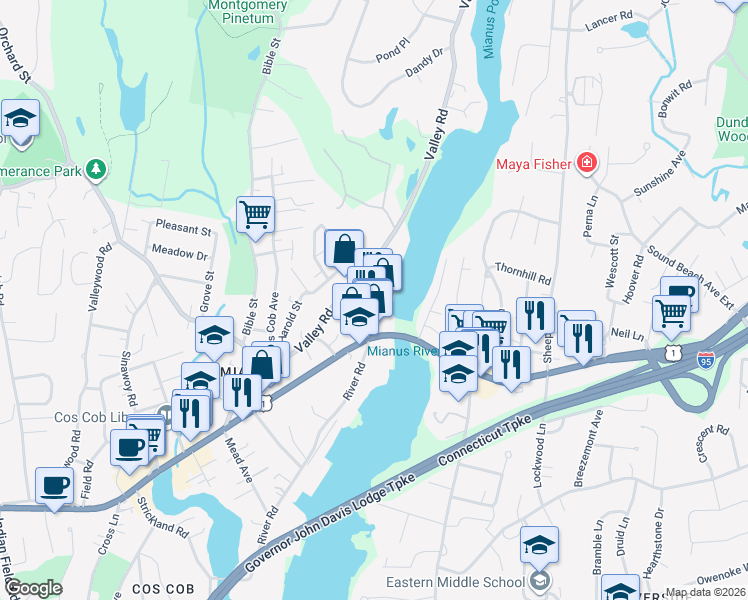 map of restaurants, bars, coffee shops, grocery stores, and more near 207 River Run in Greenwich