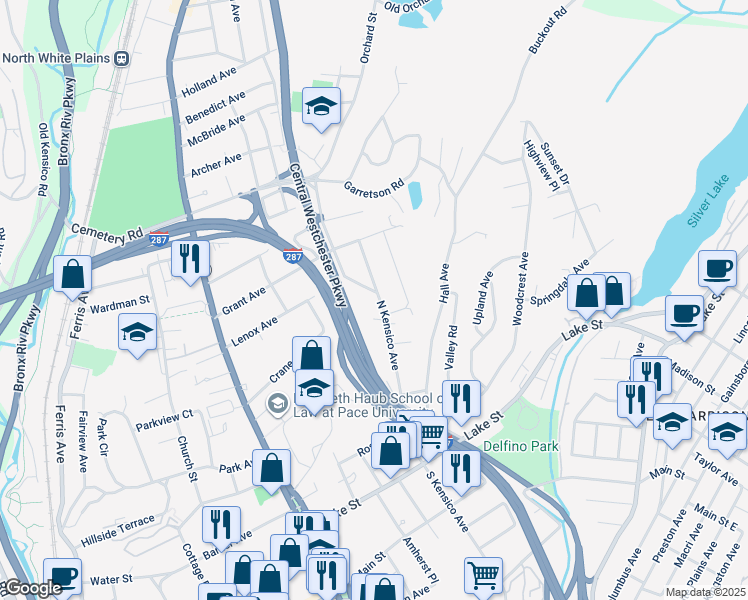 map of restaurants, bars, coffee shops, grocery stores, and more near 144 North Kensico Avenue in White Plains