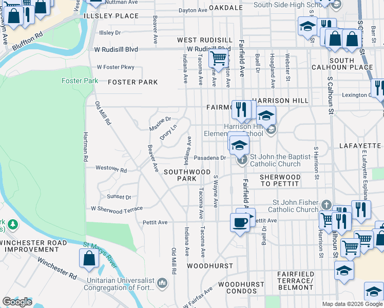 map of restaurants, bars, coffee shops, grocery stores, and more near 825 Pasadena Dr in Fort Wayne