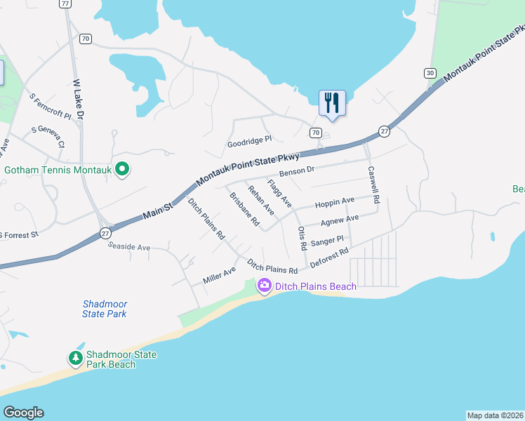 map of restaurants, bars, coffee shops, grocery stores, and more near 27 Brisbane Road in Montauk