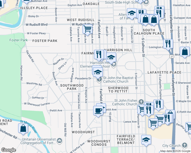 map of restaurants, bars, coffee shops, grocery stores, and more near 4506 Arlington Avenue in Fort Wayne