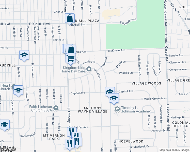 map of restaurants, bars, coffee shops, grocery stores, and more near 4407 South Colonial Avenue in Fort Wayne
