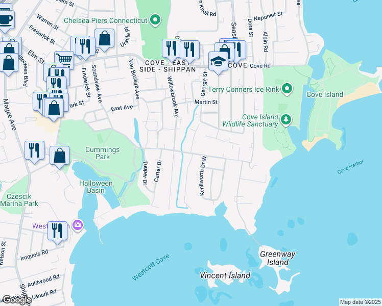 map of restaurants, bars, coffee shops, grocery stores, and more near 290 Soundview Court in Stamford