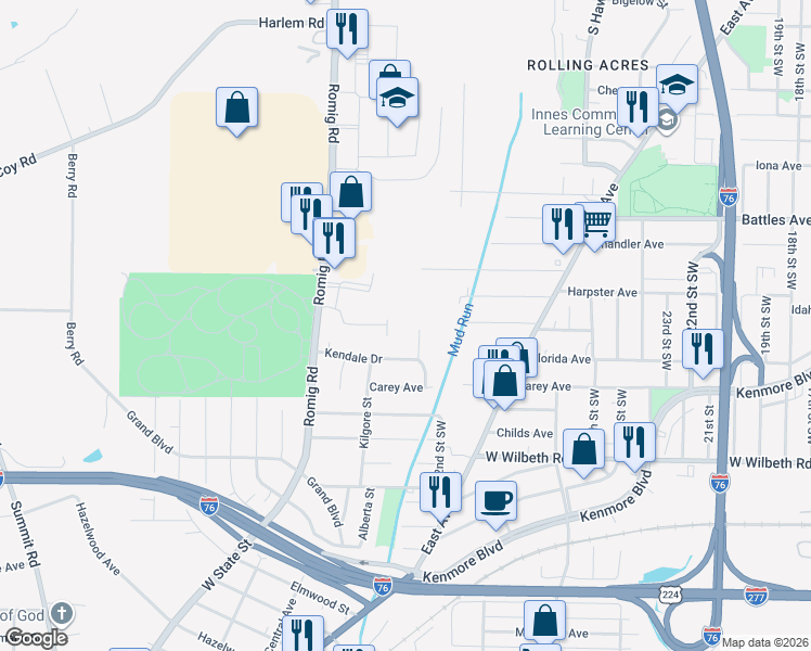 map of restaurants, bars, coffee shops, grocery stores, and more near 2500 Kingsport Way in Akron