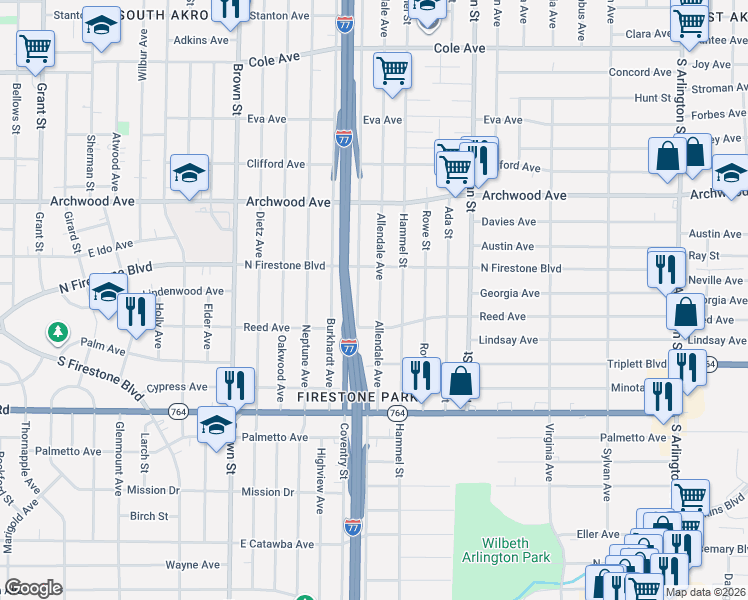 map of restaurants, bars, coffee shops, grocery stores, and more near 1329 Allendale Avenue in Akron