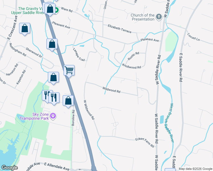 map of restaurants, bars, coffee shops, grocery stores, and more near 14 Wildwood Road in Saddle River