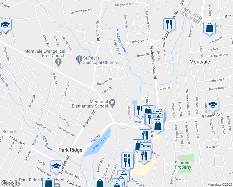 map of restaurants, bars, coffee shops, grocery stores, and more near 15 Terry Court in Montvale