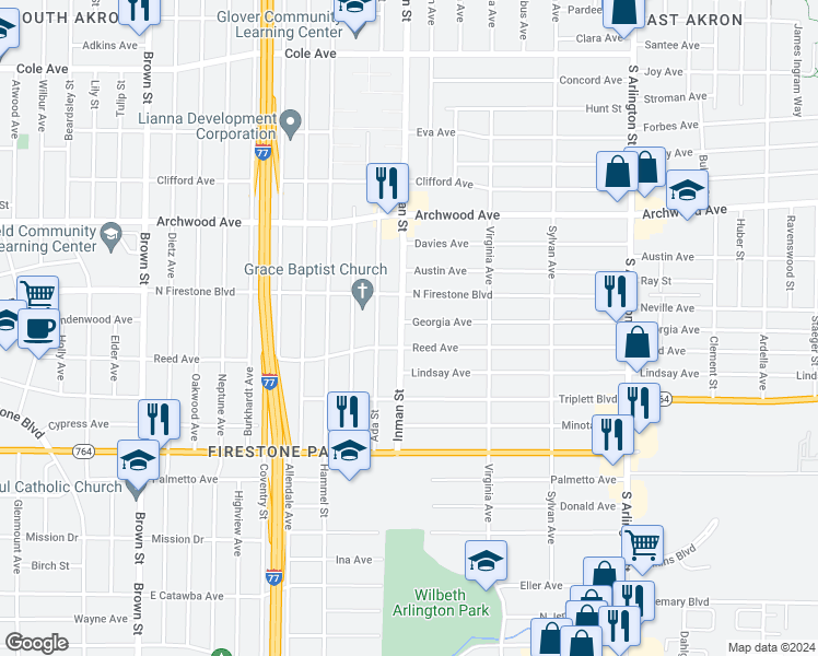 map of restaurants, bars, coffee shops, grocery stores, and more near 752 Georgia Avenue in Akron