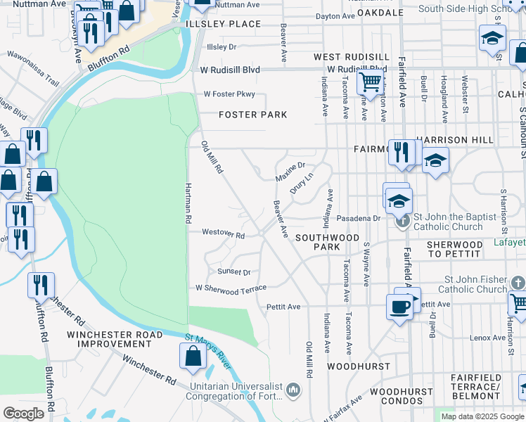 map of restaurants, bars, coffee shops, grocery stores, and more near in Fort Wayne