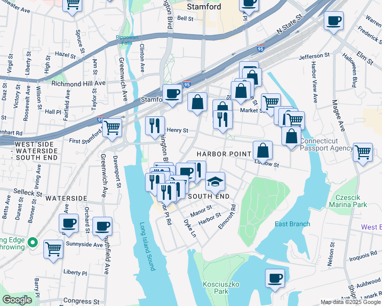 map of restaurants, bars, coffee shops, grocery stores, and more near 804 Atlantic Street in Stamford