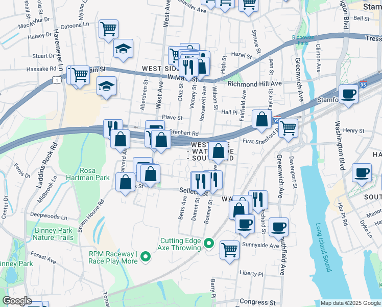 map of restaurants, bars, coffee shops, grocery stores, and more near 60/2 Southwood Drive in Stamford