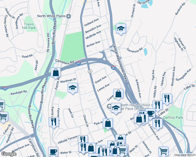 map of restaurants, bars, coffee shops, grocery stores, and more near 23 Grant Avenue in White Plains