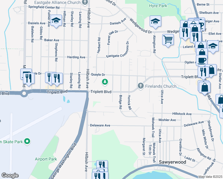 map of restaurants, bars, coffee shops, grocery stores, and more near 2146 Triplett Boulevard in Akron