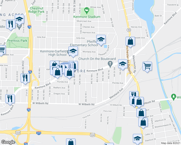map of restaurants, bars, coffee shops, grocery stores, and more near 2219 11th Street Southwest in Akron