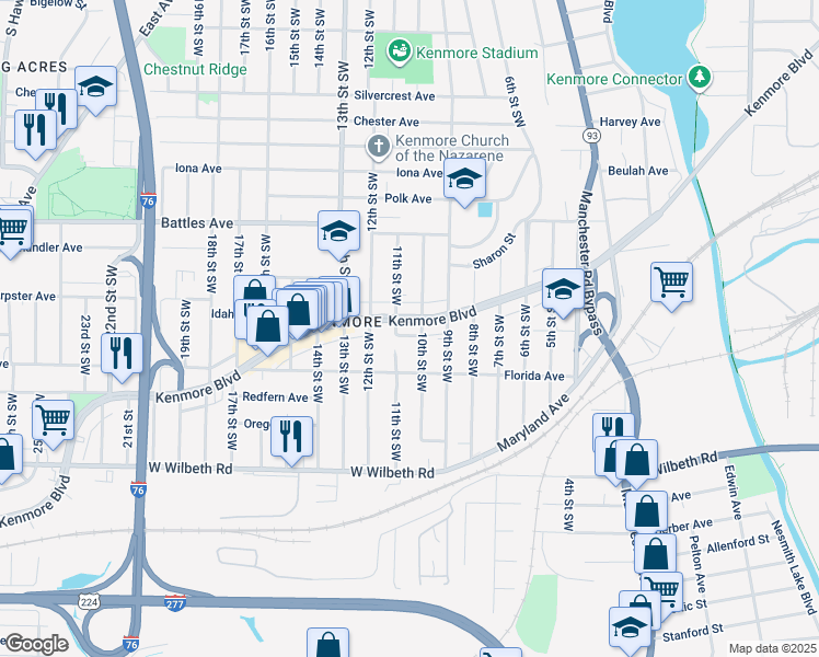 map of restaurants, bars, coffee shops, grocery stores, and more near 2219 11th Street Southwest in Akron