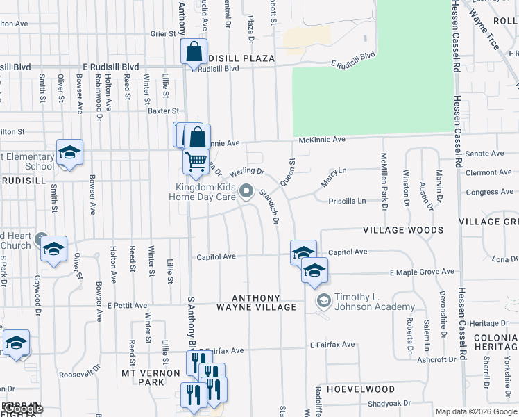 map of restaurants, bars, coffee shops, grocery stores, and more near 4413 South Colonial Avenue in Fort Wayne