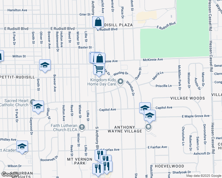 map of restaurants, bars, coffee shops, grocery stores, and more near 1907 West Colonial Avenue in Fort Wayne