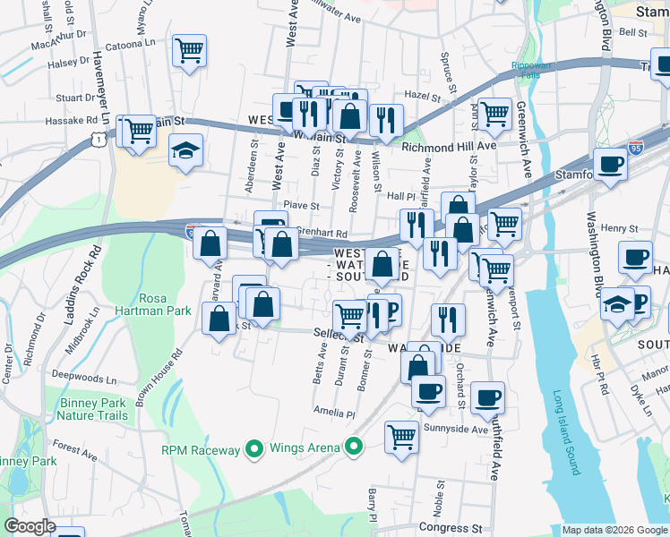 map of restaurants, bars, coffee shops, grocery stores, and more near 14 Southwood Drive in Stamford