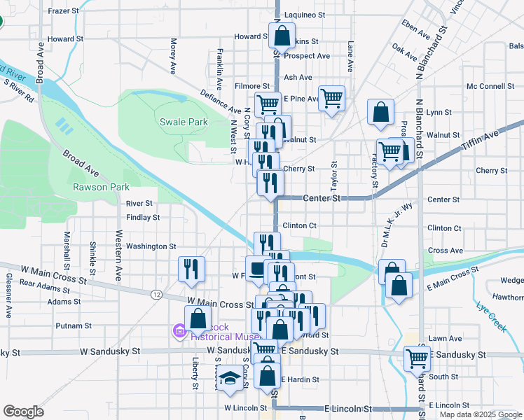 map of restaurants, bars, coffee shops, grocery stores, and more near 204 North Main Street in Findlay