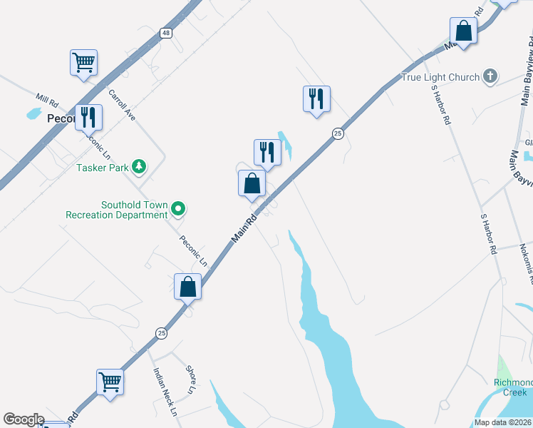 map of restaurants, bars, coffee shops, grocery stores, and more near 75 Wells Road in Peconic