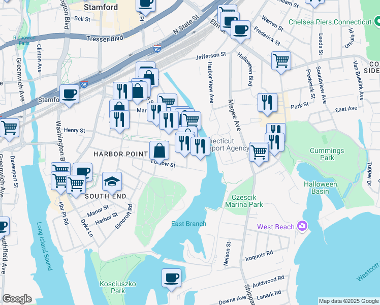map of restaurants, bars, coffee shops, grocery stores, and more near 860 Canal Street in Stamford