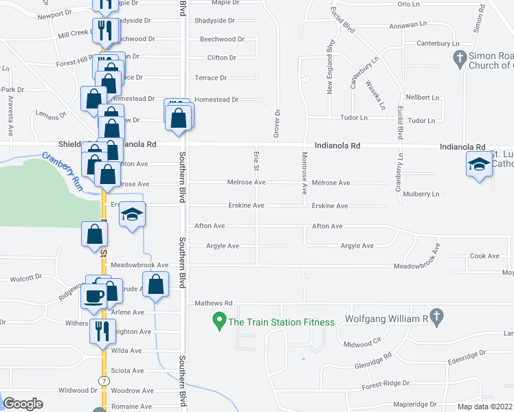 map of restaurants, bars, coffee shops, grocery stores, and more near 201 Erskine Avenue in Boardman