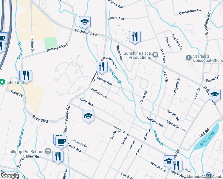 map of restaurants, bars, coffee shops, grocery stores, and more near 131 Mountain Avenue in Park Ridge