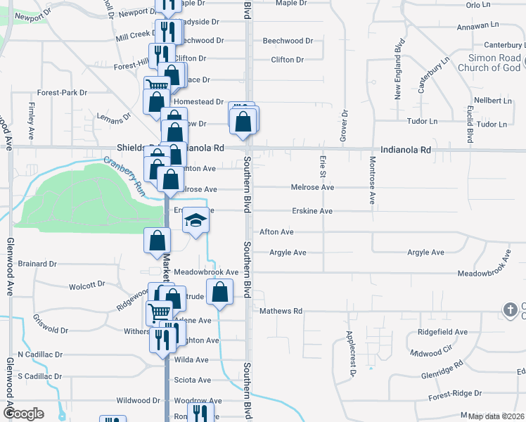 map of restaurants, bars, coffee shops, grocery stores, and more near 109 Erskine Ave in Boardman