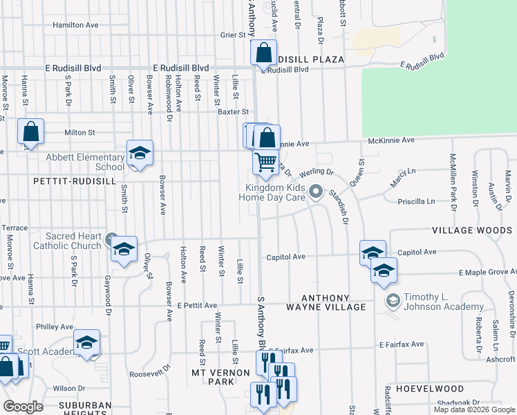 map of restaurants, bars, coffee shops, grocery stores, and more near 4402 South Anthony Boulevard in Fort Wayne