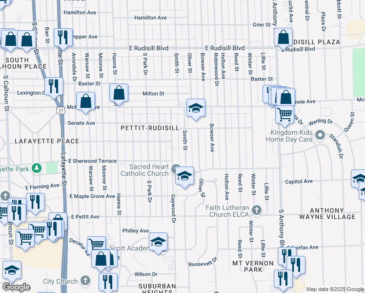 map of restaurants, bars, coffee shops, grocery stores, and more near 4444 Smith Street in Fort Wayne