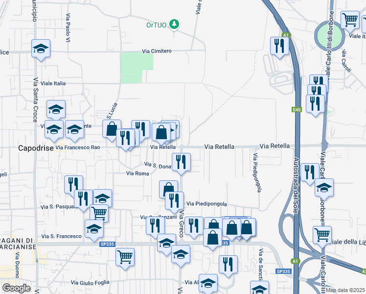 map of restaurants, bars, coffee shops, grocery stores, and more near 3 Via Paolo Borsellino in Capodrise