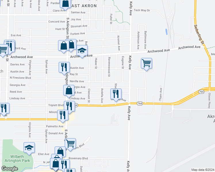map of restaurants, bars, coffee shops, grocery stores, and more near 1155 Georgia Avenue in Akron