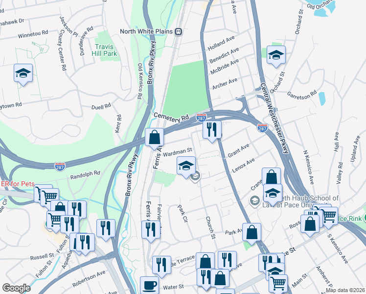 map of restaurants, bars, coffee shops, grocery stores, and more near 4 Albro Lane in White Plains