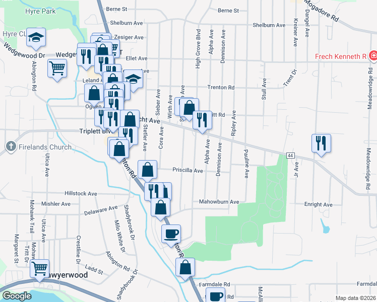 map of restaurants, bars, coffee shops, grocery stores, and more near 547 High Grove Boulevard in Akron