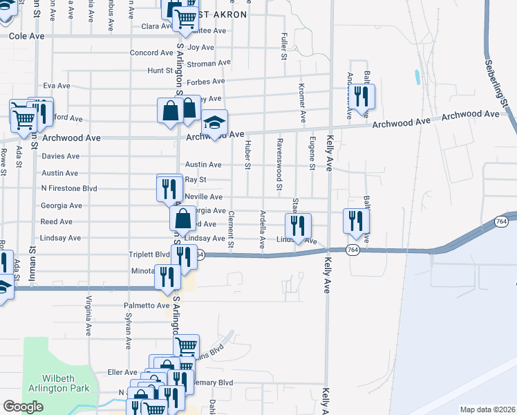 map of restaurants, bars, coffee shops, grocery stores, and more near 910 Ardella Avenue in Akron