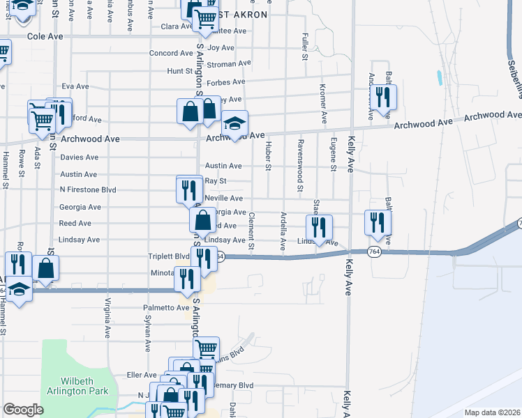 map of restaurants, bars, coffee shops, grocery stores, and more near 1091 Reed Avenue in Akron
