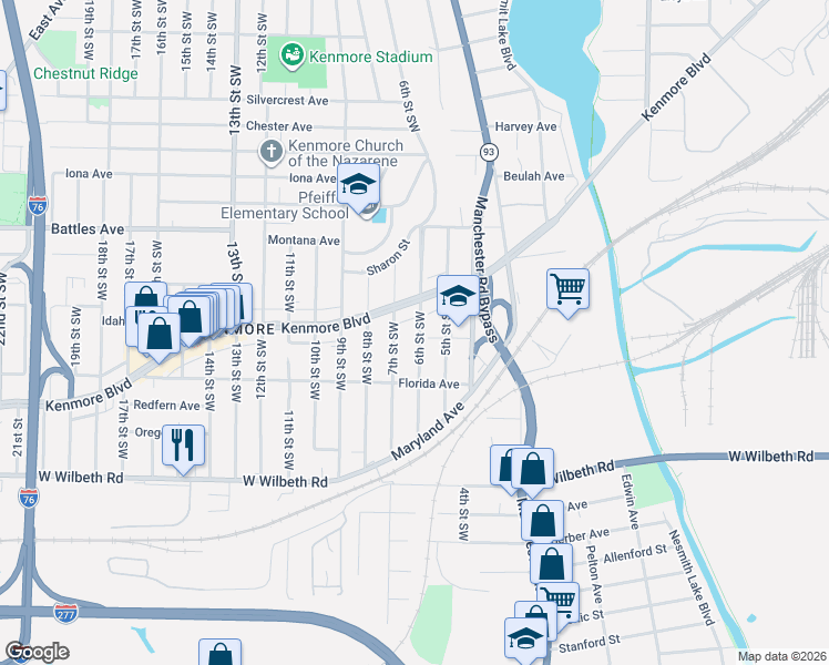 map of restaurants, bars, coffee shops, grocery stores, and more near 2222 6th Street Southwest in Akron